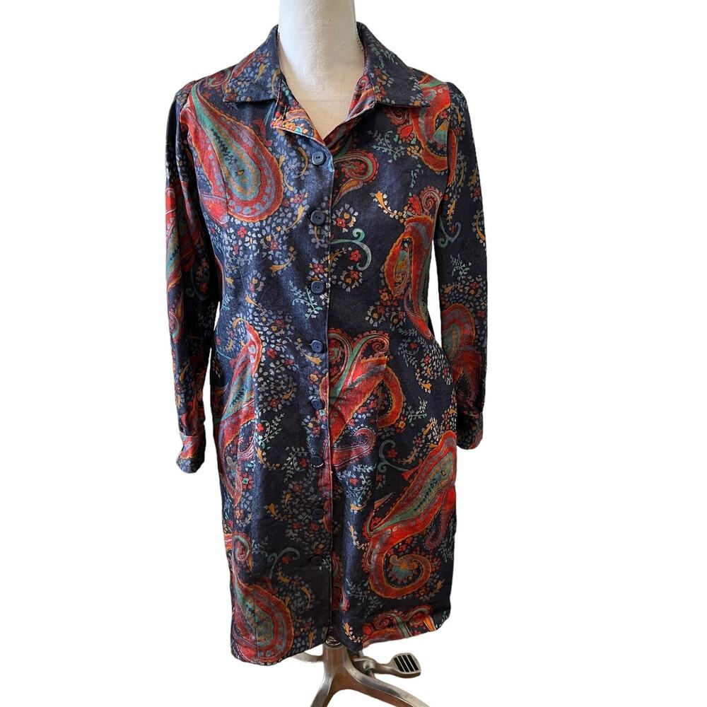 Vintage 80s Paisley Print Denim Shirt Dress